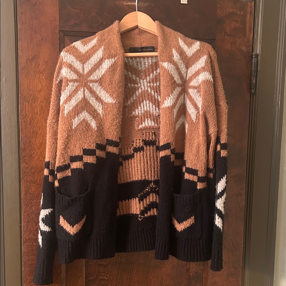 360 Cashmere Tan, Black & White Patterned Open-Front Cardigan